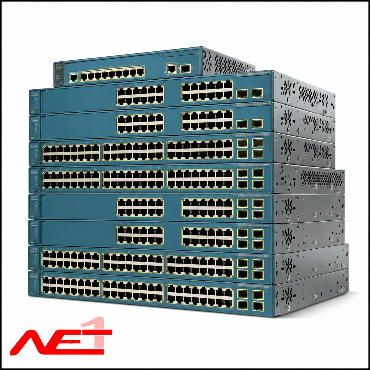 تصویر سوئیچ‌های شبکه سیسکو سری Cisco Catalyst 3560 با لوگوی نت یک