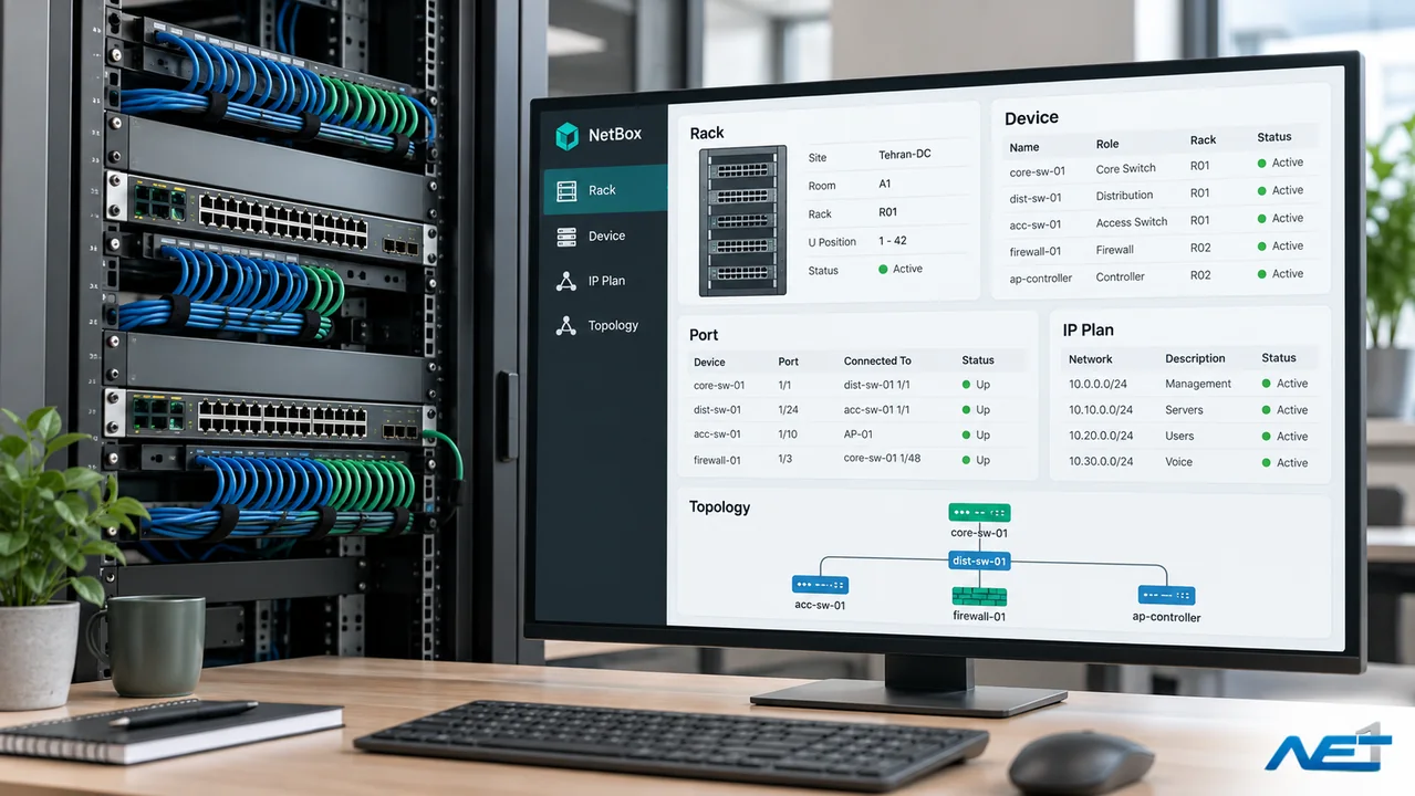 NetBox چیست؟ مستندسازی تجهیزات و آدرسهای IP شبکه 1 NetBox و نمایش مفهومی شناسنامه تجهیزات، رک و برنامه آدرسدهی IP شبکه