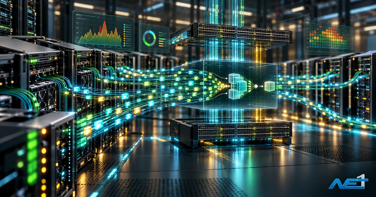 نمای مفهومی Ultra Ethernet 1.1، جریان داده و کنترل ازدحام در دیتاسنتر هوش مصنوعی با لوگوی نت یک